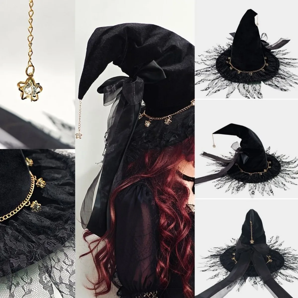 Dark Witch Hat Lolita Goth Cos Dress Up Headdress Vintage Bow Halloween Witch Hat Witch Hat