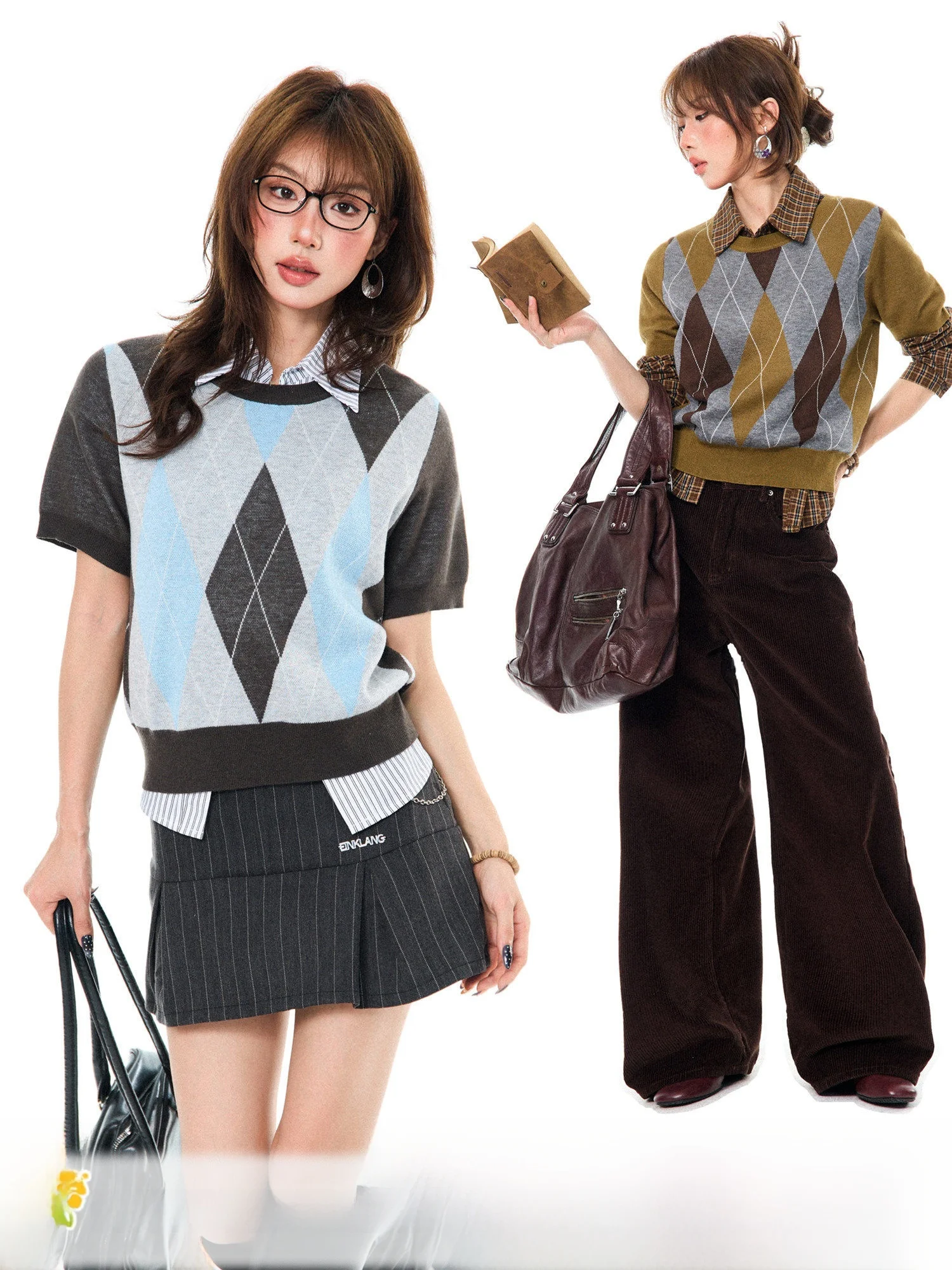 

Retro Spliced Color Diamond Pattern Knitted ort Sve Women's Spring New Loose Vintage ort Sweater Soft Comfortable Nylo...