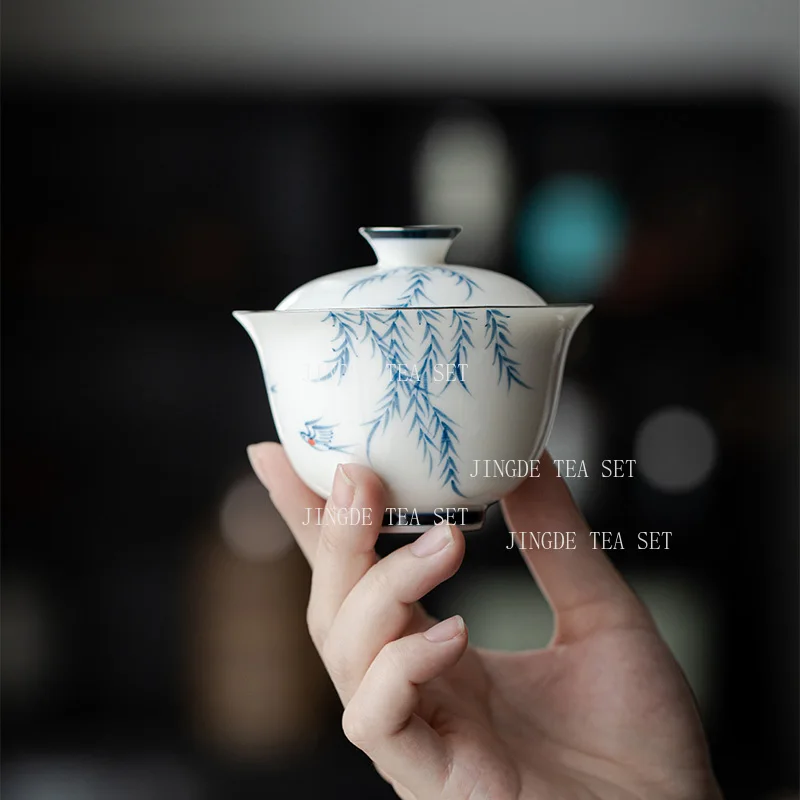 120ml ceramic hand-painted willow leaf jade porcelain covered bowl Chinese hand-painted tea maker Kung Fu tea set