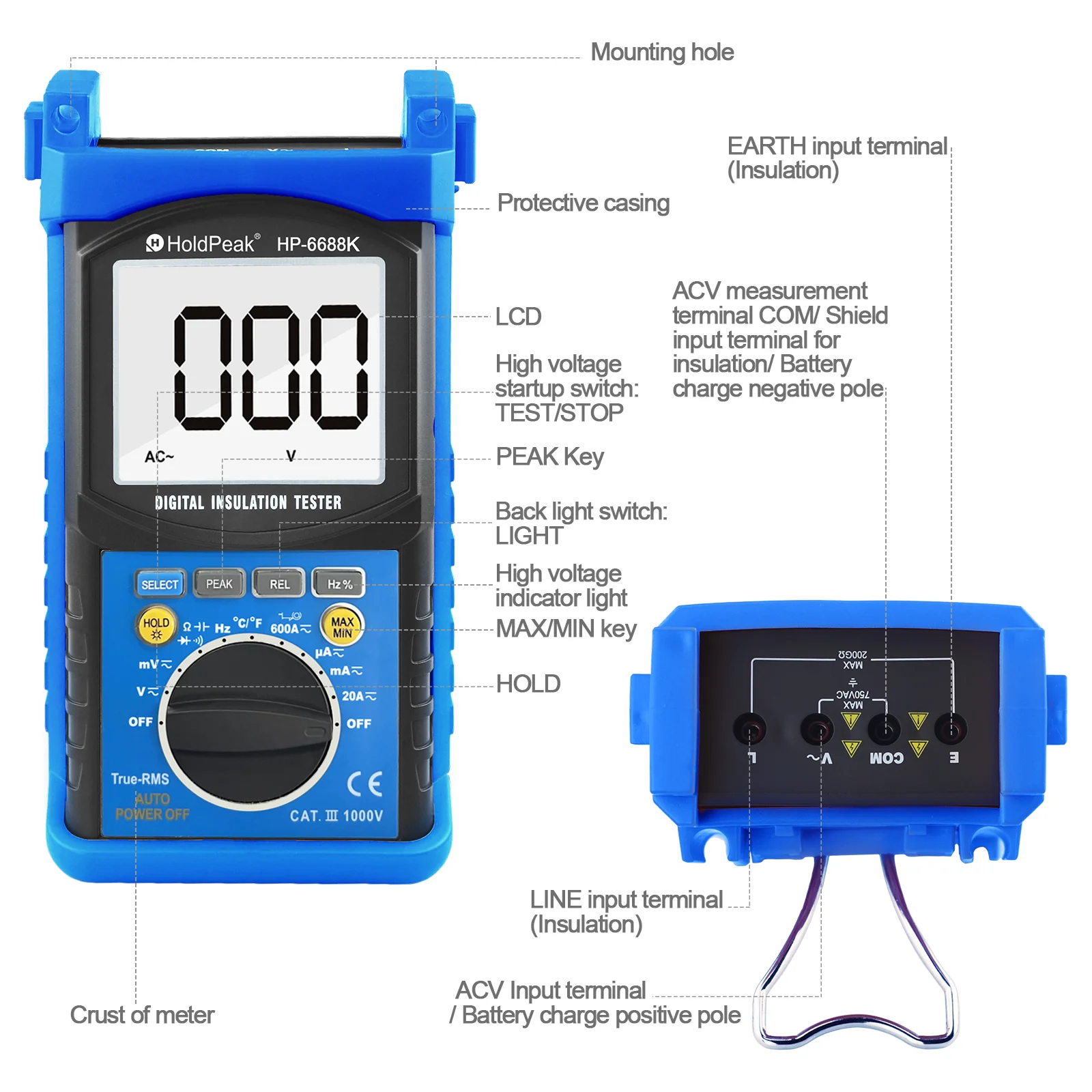 Holdpeak HP-6688K 99,99mΩ Isolatieweerstand Tester Megometer Ware Rms Meter 1000V Auto Range Geïsoleerde Multimeter