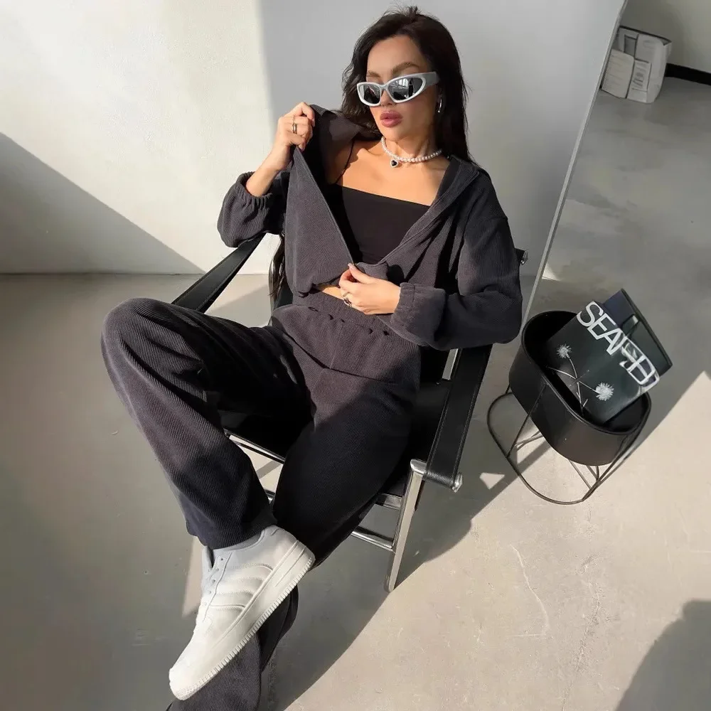 

2025 Fashion Women Outfit Long Sleeve Hooded Sweatshirt with Elastic Waist Pants Set