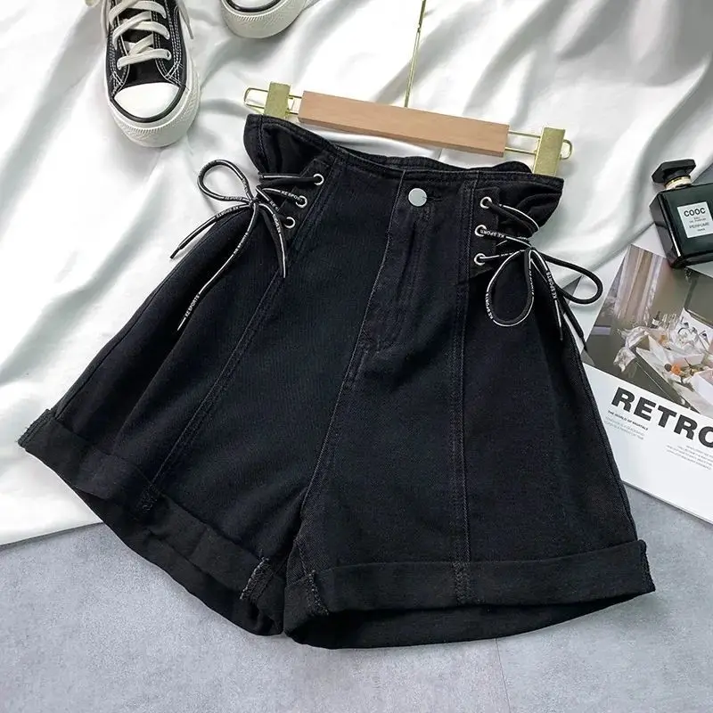 Venda quente de verão da temporada cintura alta perna larga jeans calças curtas femininas algodão jeans roll up design picante menina estilo coreano...