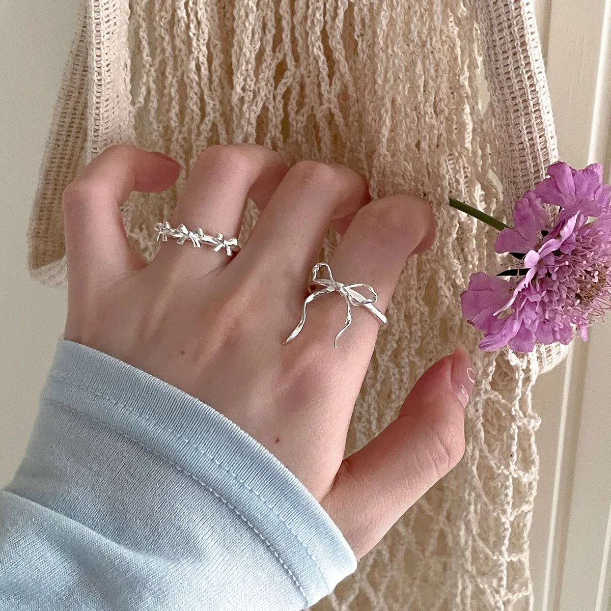 Women's Adjustable Silver Color Geometric Bowknot Ring