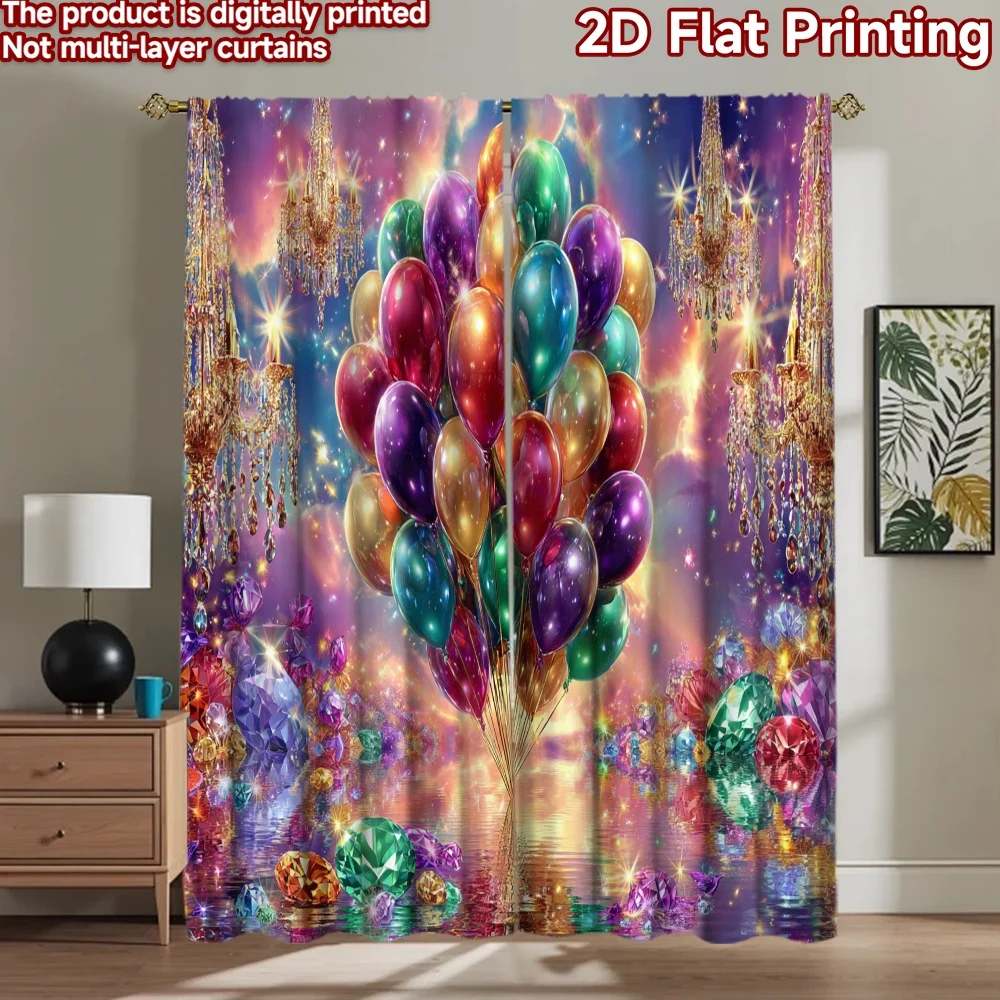 

2D flat printing 2pcs Curtains Balloons Gems Sparkle Celebration Digital Printed Polyester Drapes Holiday Decorations Use for