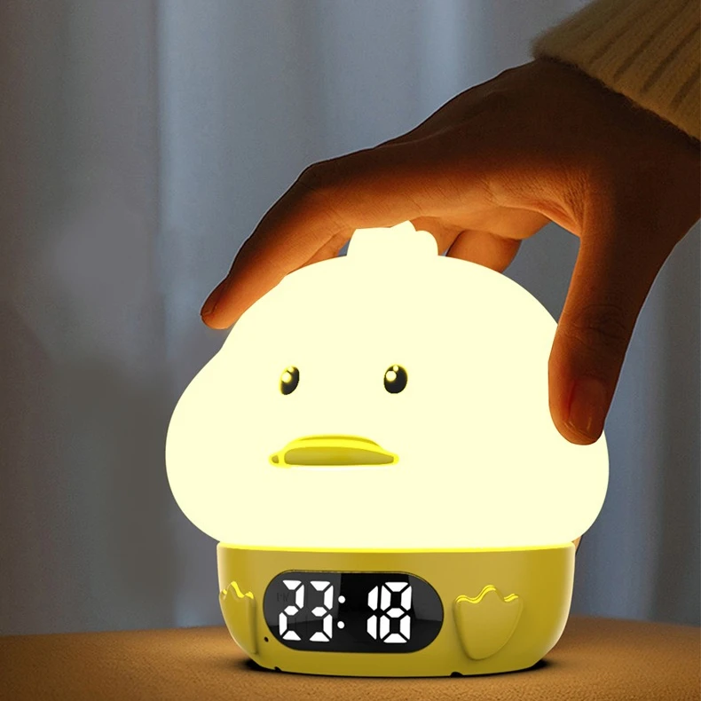 ساعة منبه بإضاءة ليلية تفاعلية على شكل بطة، مصباح من السيليكون الناعم لغرفة نوم الأطفال، مؤقت قيلولة مع شحن USB، فكرة هدية