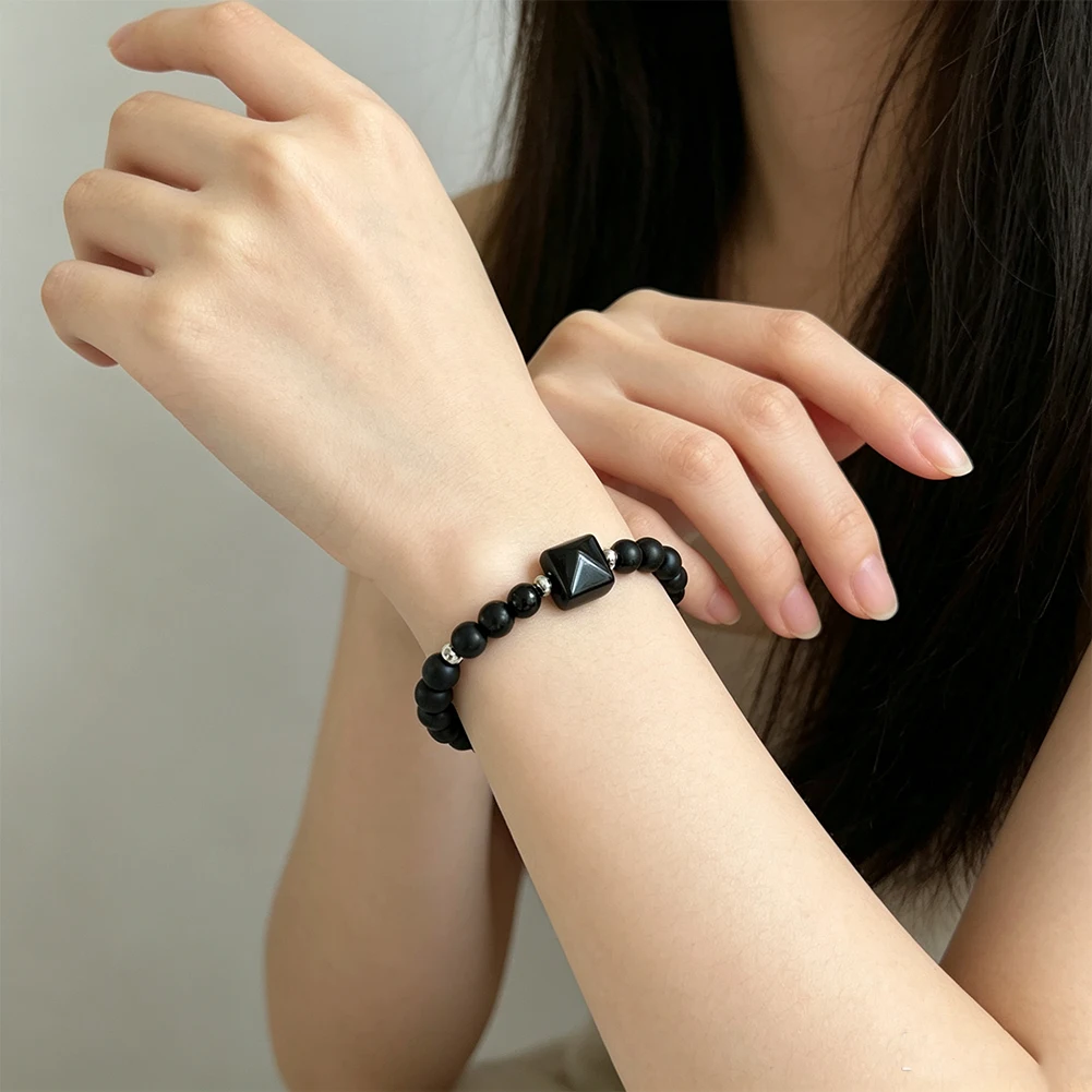 Black Agate Matte Glossy Beaded Bracelet  Pyramid Center Stone Elastic Stretch Geometric Healing Jewelry Unisex Birthday Gift