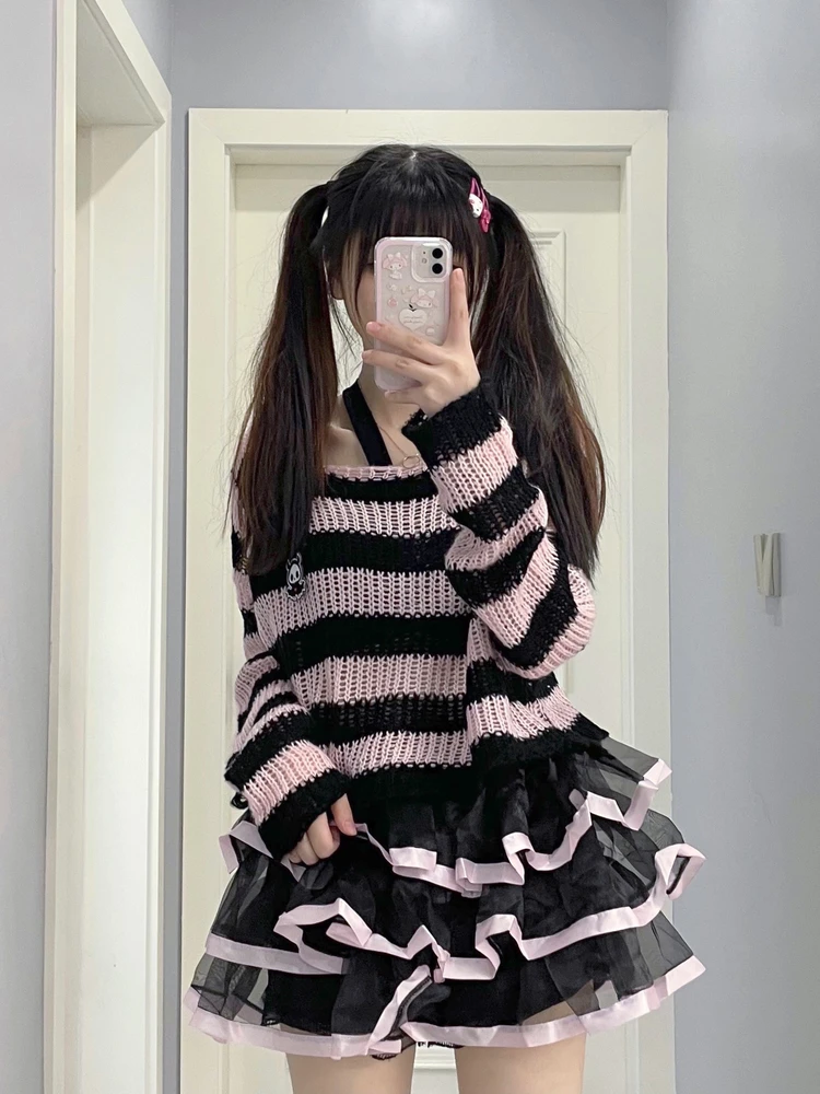 

Gothic k Long Sve Striped Hollow out Thin Knitted Sweater Punk Sle Streetwear round Ne Pullover Loose Fit Cultural ...