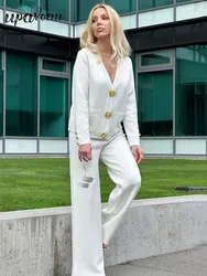 2024 Casual Women's Knitted Pants Set V-neck Long sleeved Single breasted Knitted Sweater Cardigan+Flare Pants Two piece Set