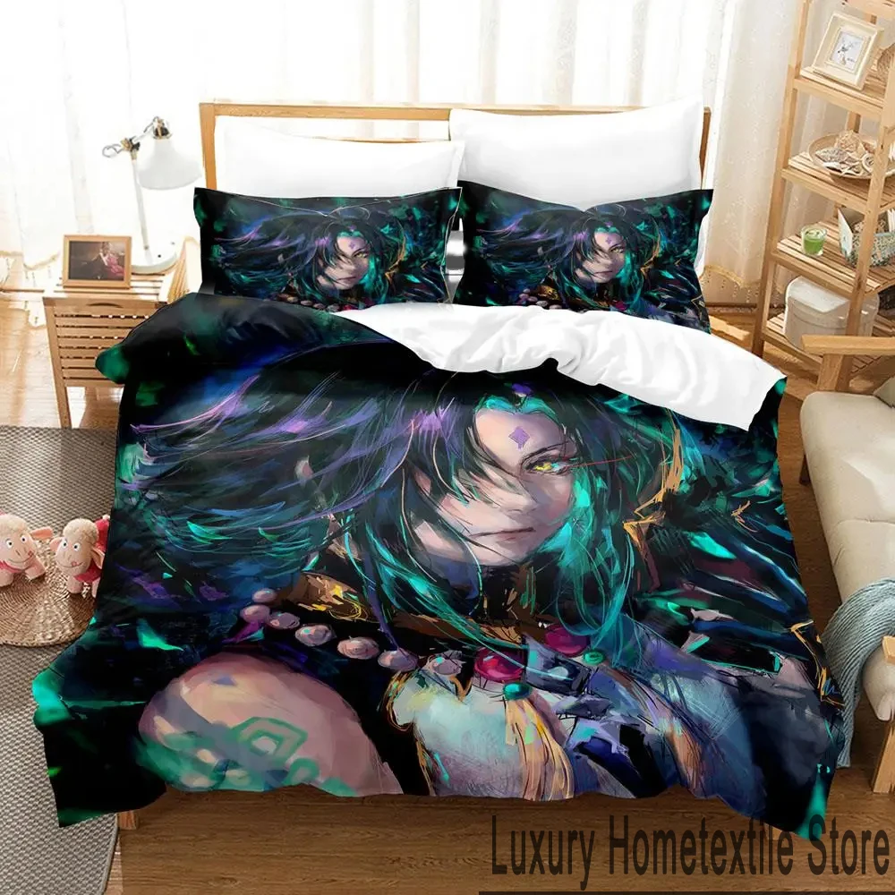 Imagem -05 - Genshin Impact 3d Xiao Anime Conjunto de Cama Capa de Edredão Cama Colcha Fronha Consolador Rei Queen Size Meninos Adulto