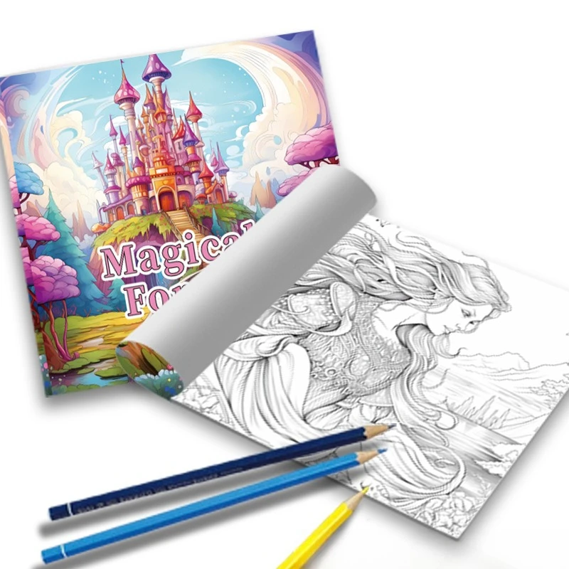 Magical Forest Coloring Book Fairy Tale Castle Pastel Pink Tree Rainbow Sky Fantasy Stress Relief Drawing Book