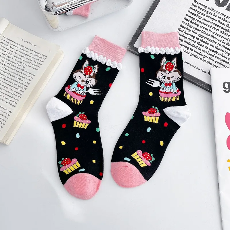 5pair New Labubu Cotton Socks Cartoon Women's mid-calf Socks Cute Four Seasons Cotton Socks Sweat Absorbent Adult Average Size