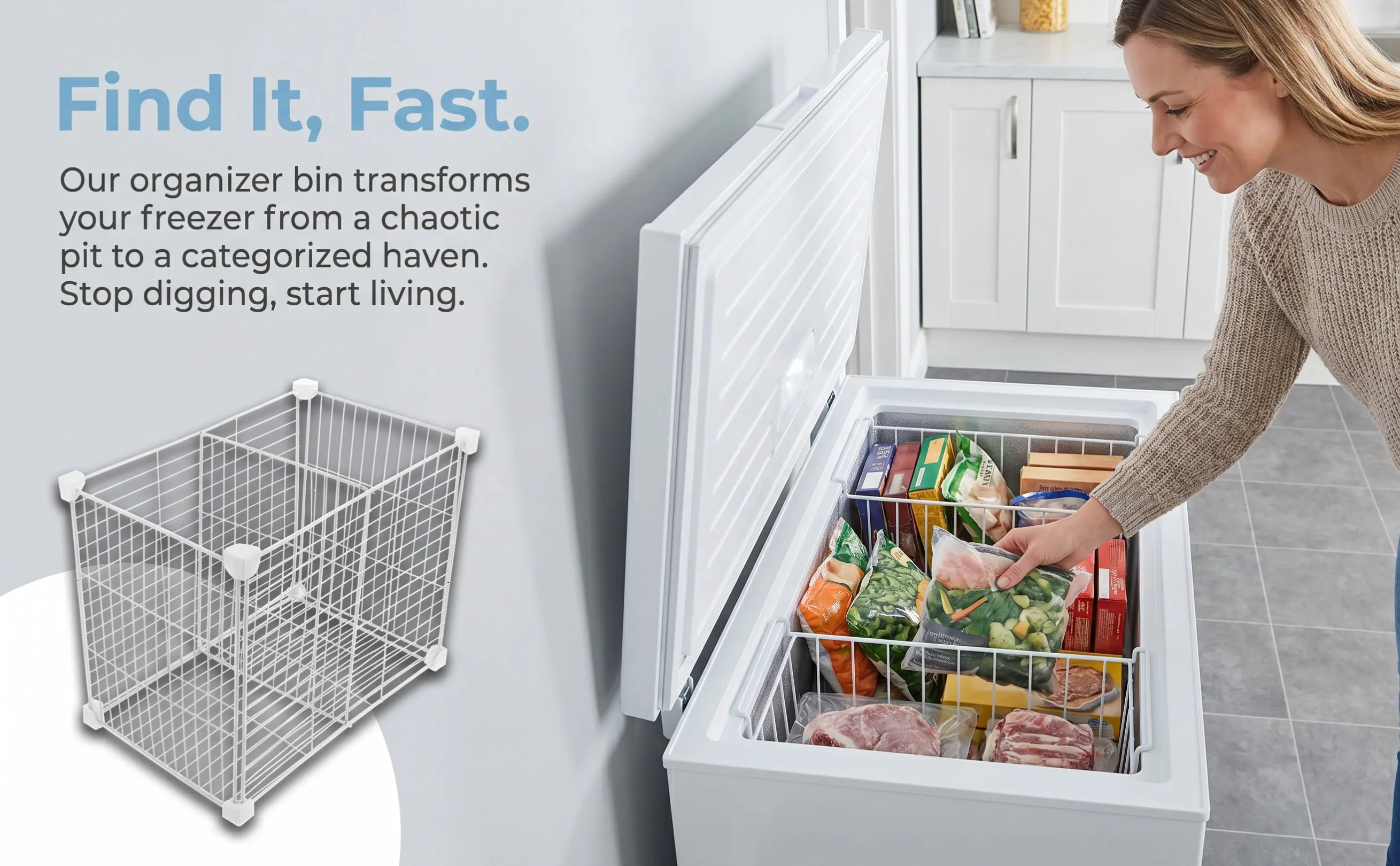Adjustable Wire Freezer Organizer Bin for Kitchen, Pantry, Refrigerator – Food, Fruits & Veggie Storage