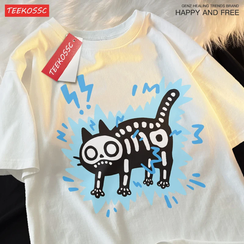 เสื้อยืดคู่รักลายแมวช็อตไฟฟ้า แบรนด์เทรนดี้ ผ้าฝ้ายแท้ ทรงหลวม แขนสั้น สำหรับผู้ชายและผู้หญิง ลายหัวกะโหลกแมว สไตล์ดั้งเดิม สนุกสนาน เหมาะสำหรับฤดูร้อน