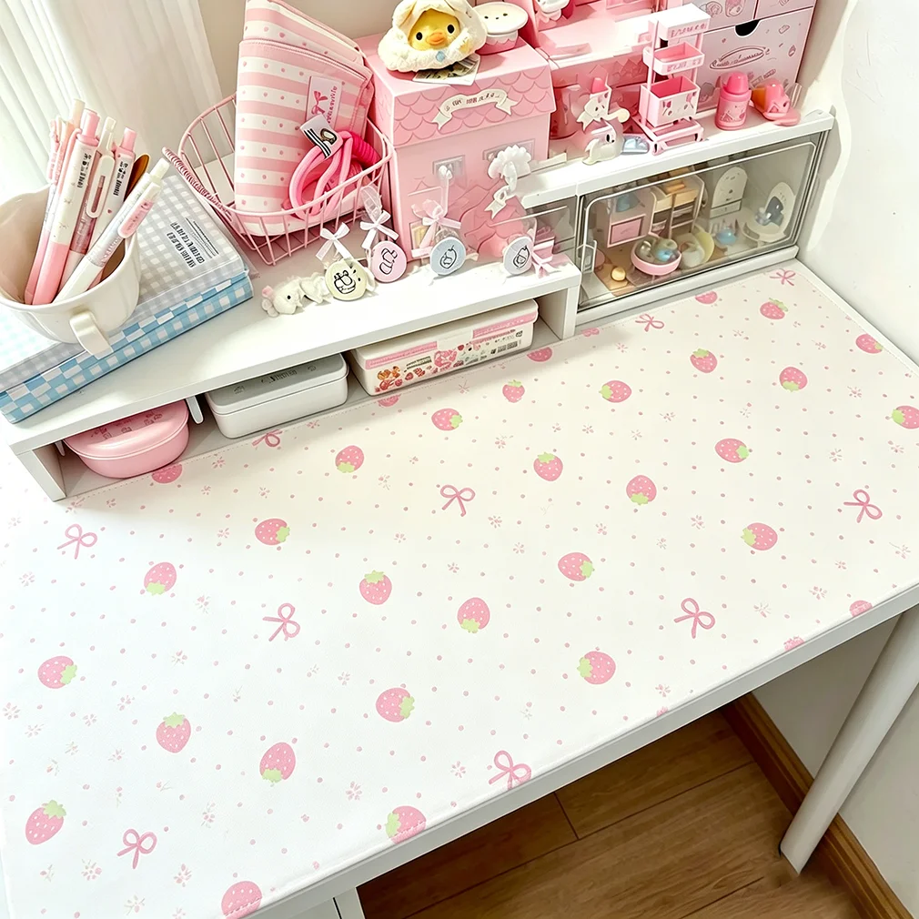 Leather Desk Pad Protector Polka Dots Grid Strawberry Pink Girl Y2K StripeMouse Pad Office Desk Mat Non-Slip PU Desk Blotter Pad