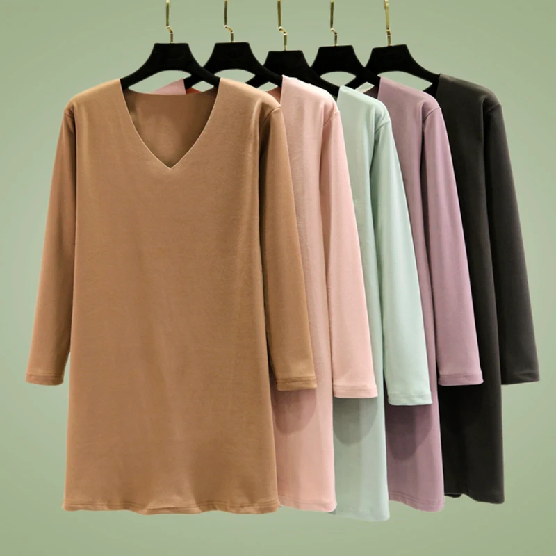Autumn Winter Fleece Lined Long Sleeve Sleepwear Women's Thin Loose Home Clothes V Neck Nightgown Simple Warm Base Skirt