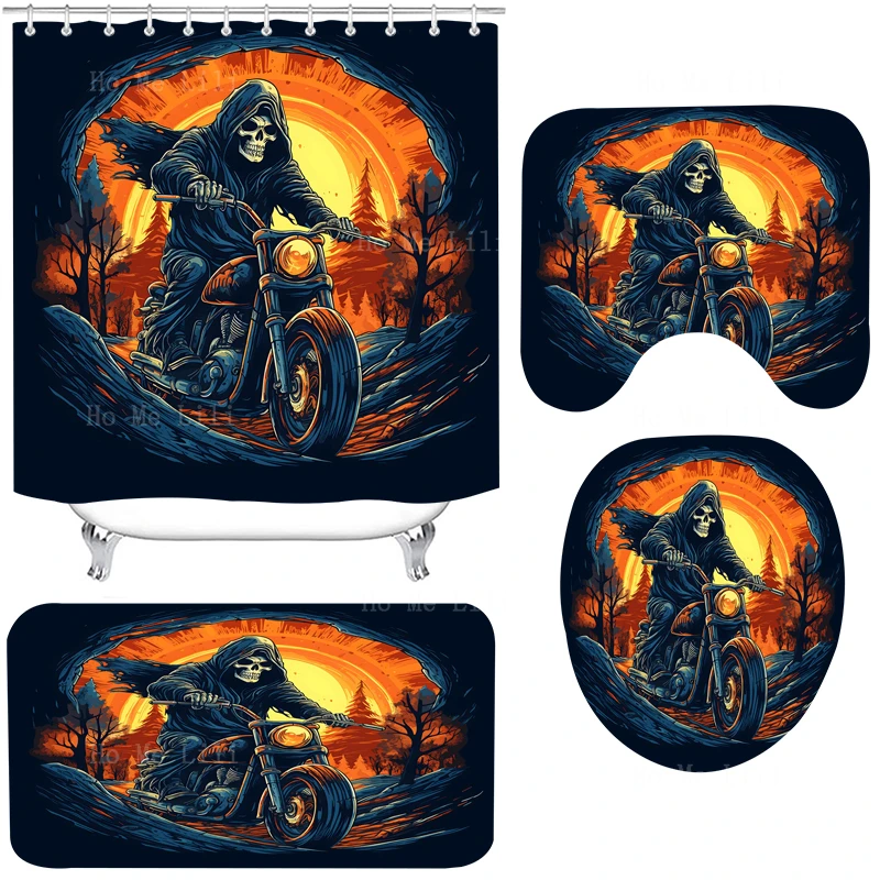 Motorbike Enthusiast Skeleton Rider In Sunlight Shower Curtain Sets With Rugs