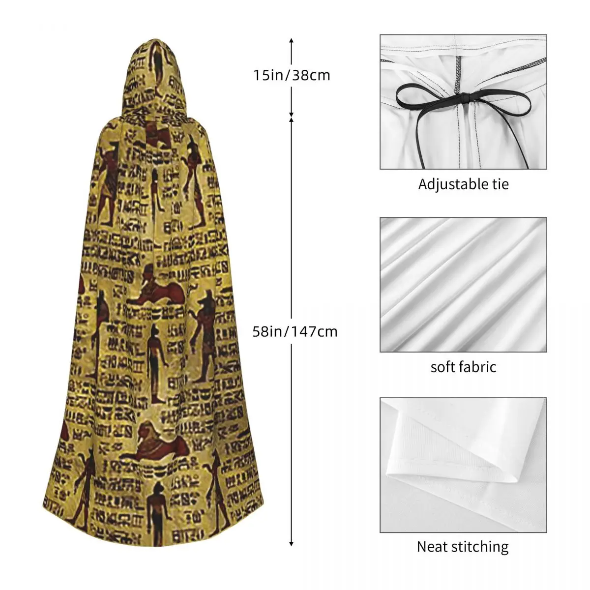 Egyptian Decorative Hieroglyphics Pattern Long Hooded Cloak Witch Medieval Costume Cosplay Cape HalloweenVampire Adult Unisex