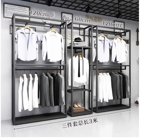 Black clothing store display rack men's store shelves floor to floor double-layer display hangers Iron art metal bag rack