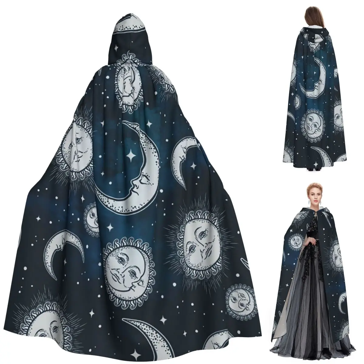 

Celestial Mystic Esoteric Magic Sun Moon Long Hooded Cloak Witch Medieval Costume Cosplay Cape HalloweenParty Adult Unisex
