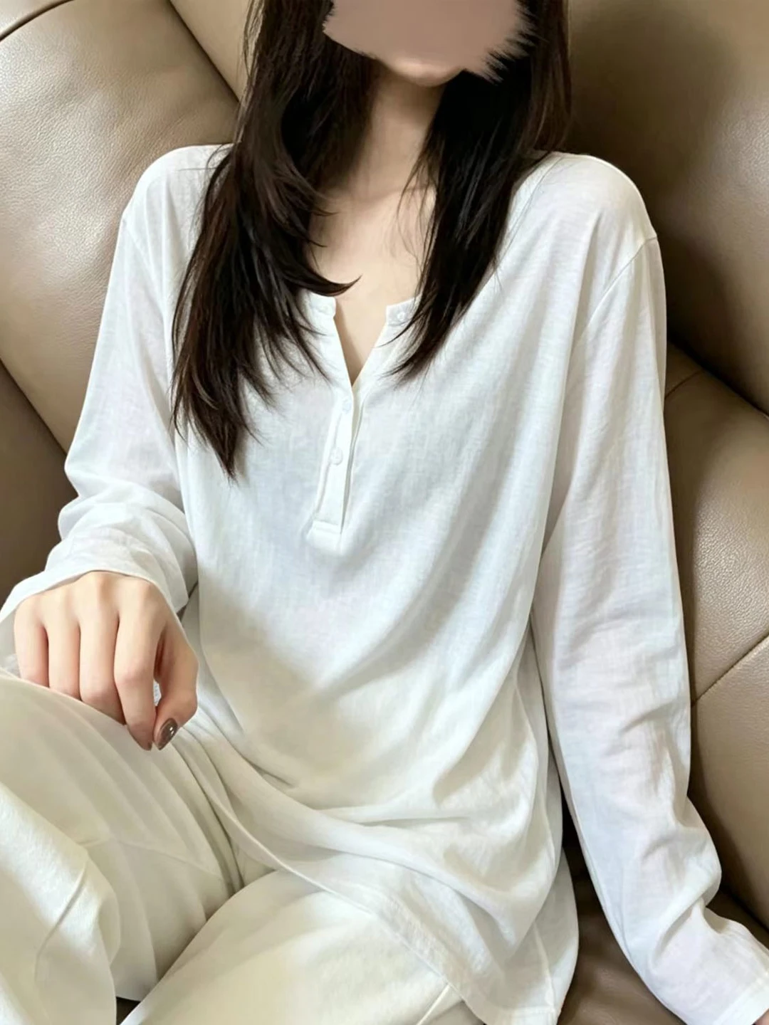 Ladies Casual Long Sleeve Loose Fit T-Shirt Half Open Collar Soft Comfortable Breathable Polyester Cotton Blend Autumn Top