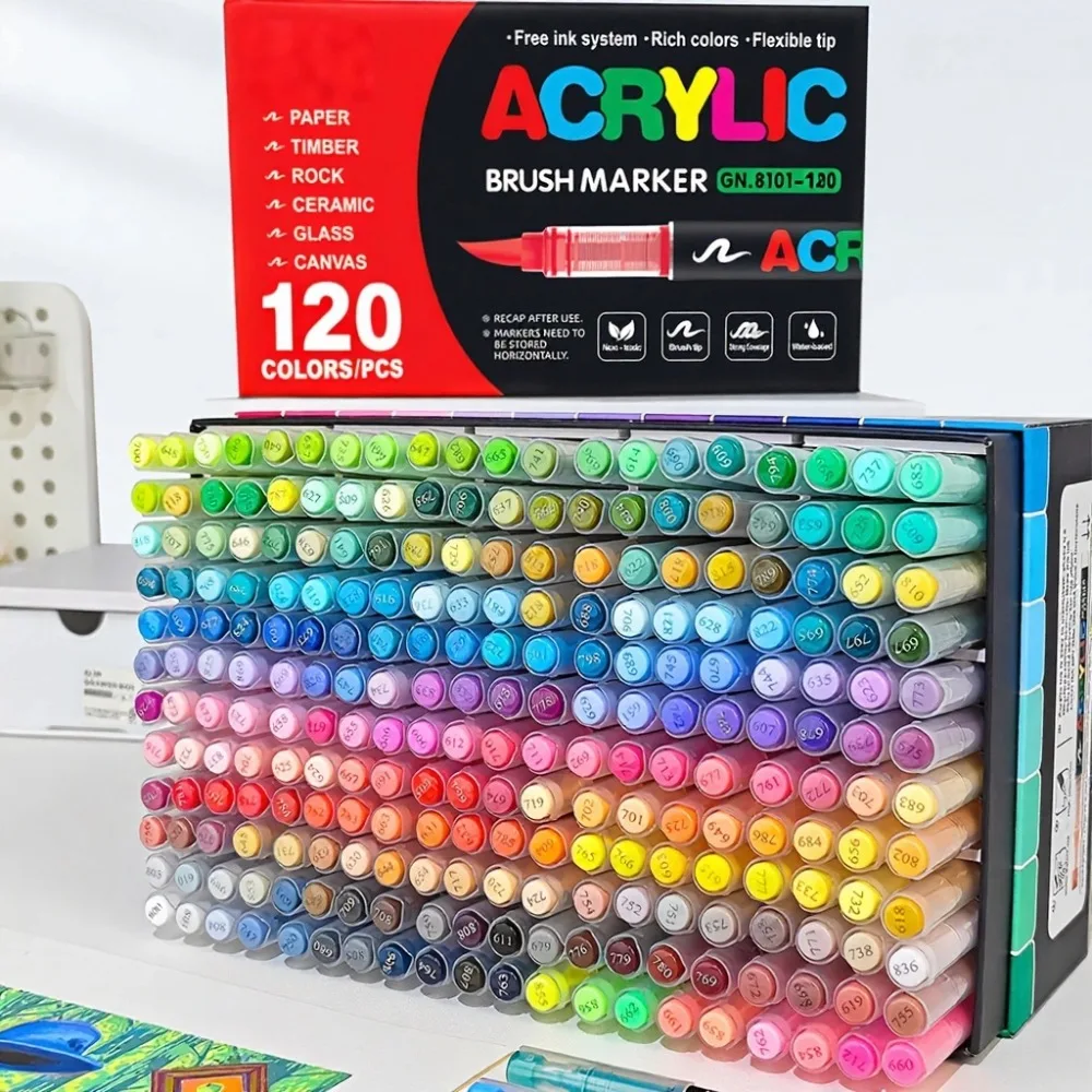 

120-цветные акриловые маркеры, маркеры-кисти с мягким наконечником и художественные маркеры, подходящие для дерева, камня, холста, стекла, ткани, скорлупы яиц.