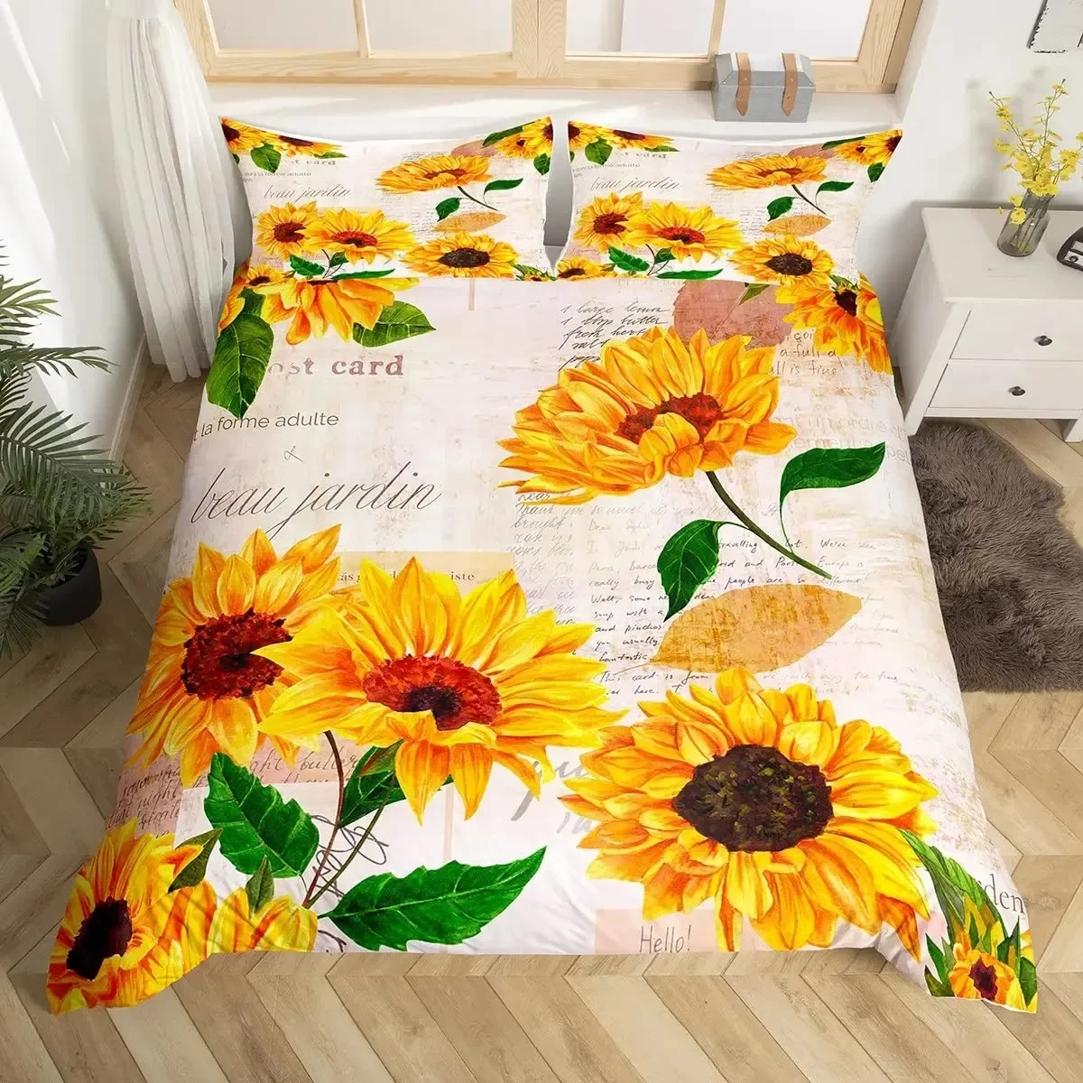 

Sunflower Duvet Cover Set,Romantic Flowers on Old Fashioned Letters Postcards Newspapers,girls Sunflower Vintage Bedding Sets