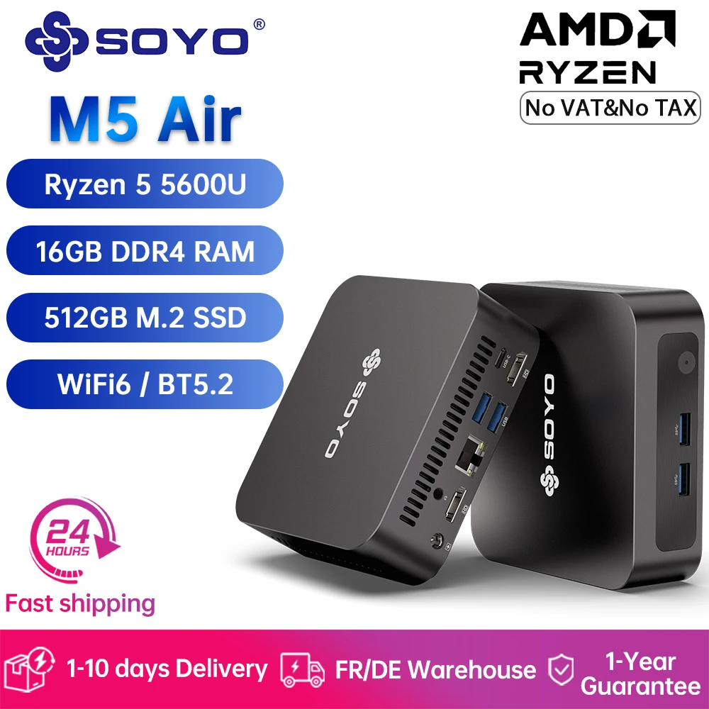 SOYO M5 Air Mini PC AMD Ryzen 5 5600U CPU Windows 11Pro 16GB DDR4 512GB M.2 SSD WIFI6 BT5.2 4K Dual Display Mini Desktop Compute