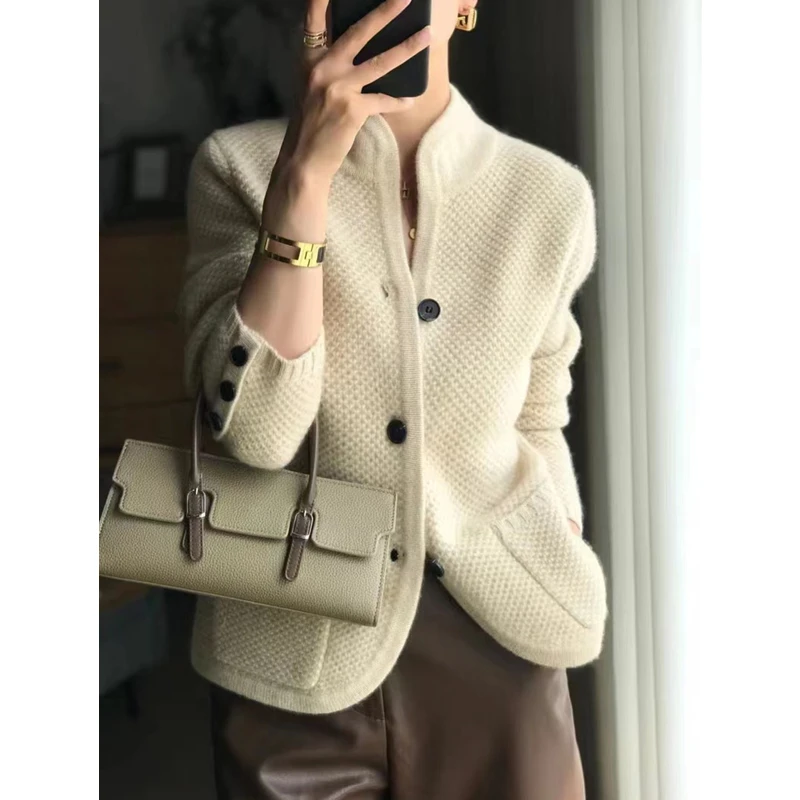 European Autumn and Winter New Thickened 100% Pure Cashmere Cardigan Women\'s Standing Neck Sweater Loose Knitted Bottom Coat