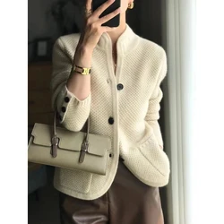 European Autumn and Winter New Thickened 100% Pure Cashmere Cardigan Women's Standing Neck Sweater Loose Knitted Bottom Coat