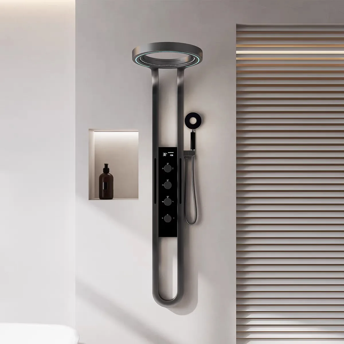 Stainless Steel Shower Panel with Waterfall Outlet & Digital Temp Display, Solid Brass Core Multi-Function Shower Screen Set