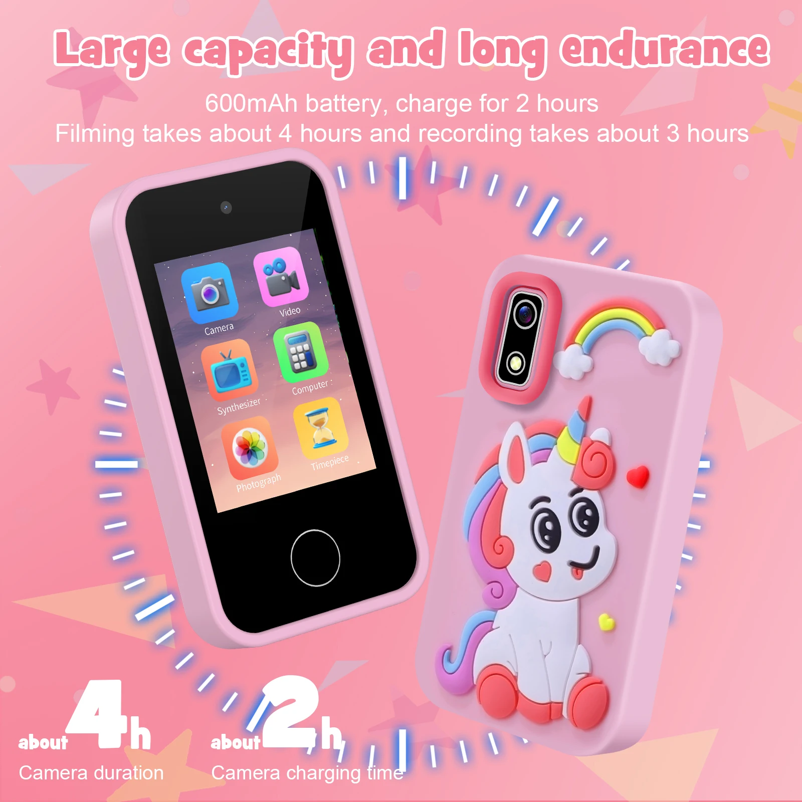Kids Smart Phone Educational Toys Children Musical Player Mp3 Dual Camera Selfie with 512Mb Card Touchscreen Learning Toy Gifts