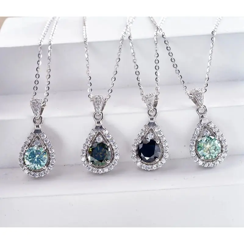 JoyceJelly 1CT Colorful Moissanite Necklace Sterling Silver 925 Jewelry Female Water Drop Shaped Pendant Top Quality Dating Gift