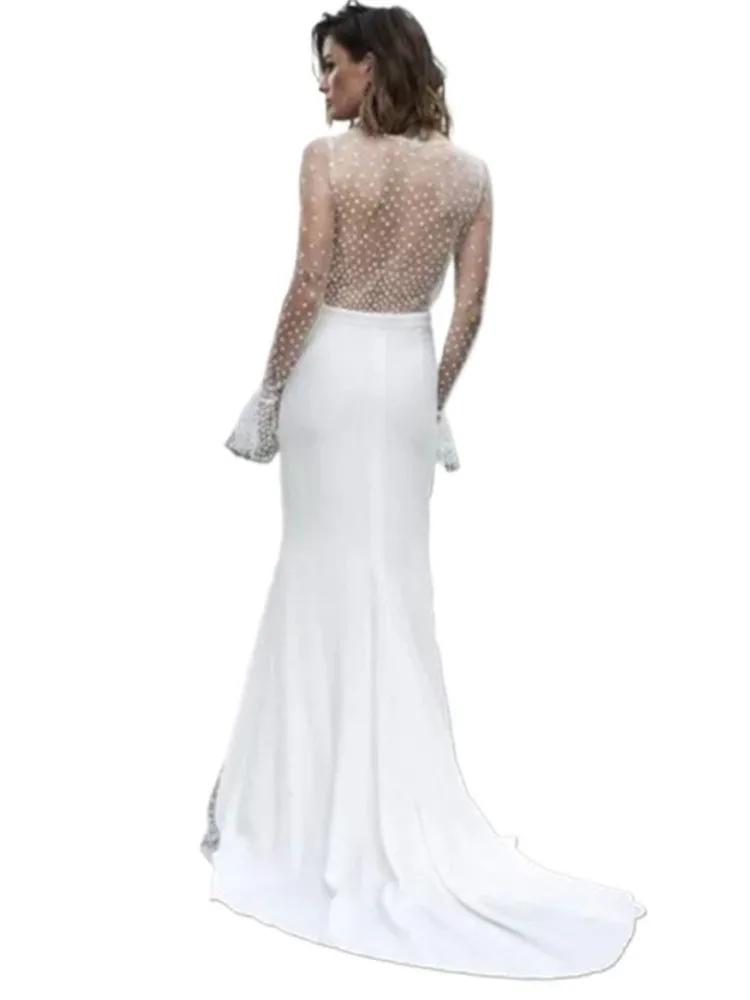 Robe longue en dentelle transparente pour femmes, Sexy, col en v, nouvelle mode d'été, élégante, manches longues, Slim, portefeuille, hanche, robes de soirée de vacances