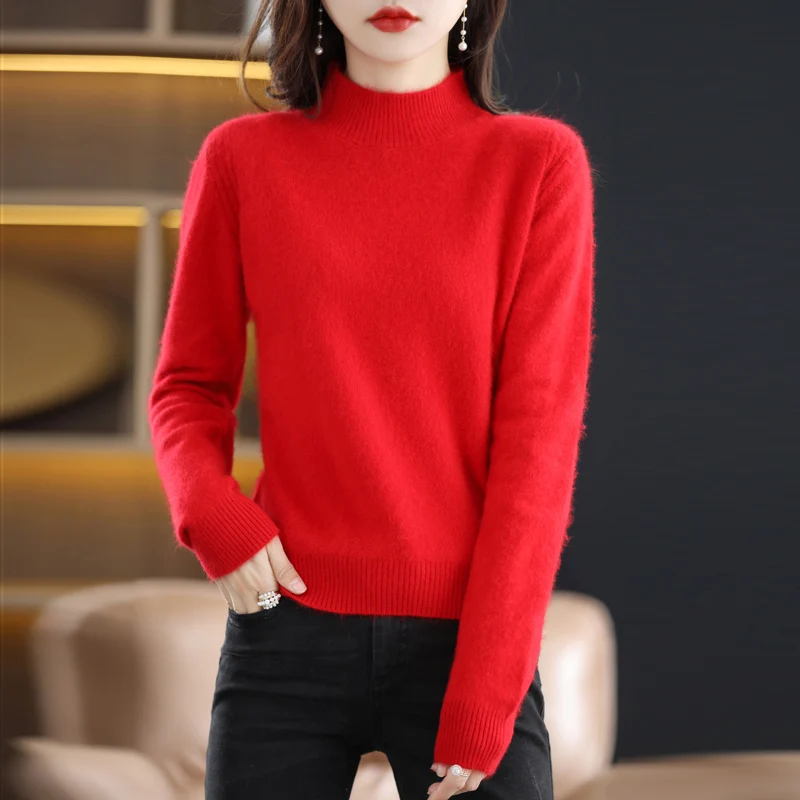 2024 Autumn/Winter New Women\'s Mink Cashmere Sweater With Semi High Collar Loose Fit Slimming Warm Long Sleeved Knitted Pullover