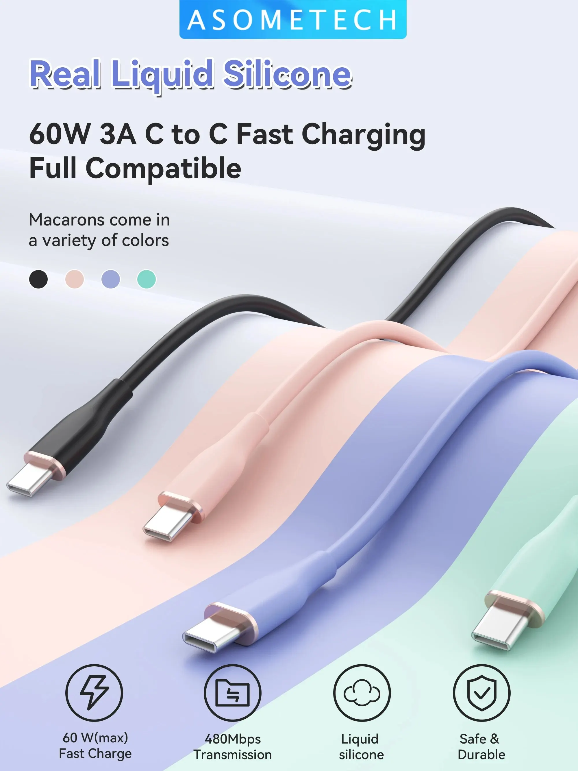 ASOMETECH 2M 60W Szybki kabel USB typu C Kabel do szybkiego ładowania danych Ładowarka Kabel USB C do Samsung S21 S20 A51 Xiaomi Mi 10 — zdjęcie 2