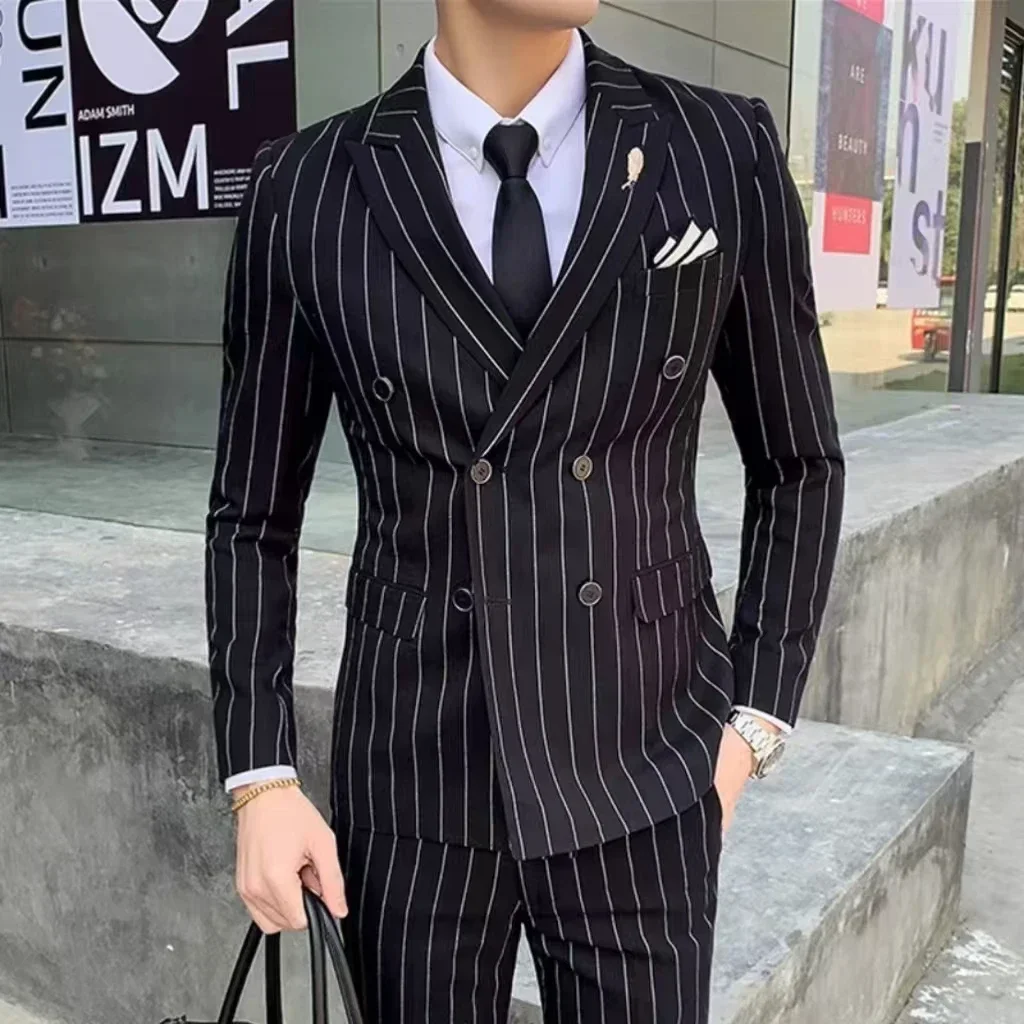 Formal Men\'s Striped Suit Two-Piece Blazer Vest Pants Set Slim Fit Classic Tuxedo Set for Wedding Party Business
