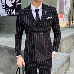 Formal Men's Striped Suit Two-Piece Blazer Vest Pants Set Slim Fit Classic Tuxedo Set for Wedding Party Business
