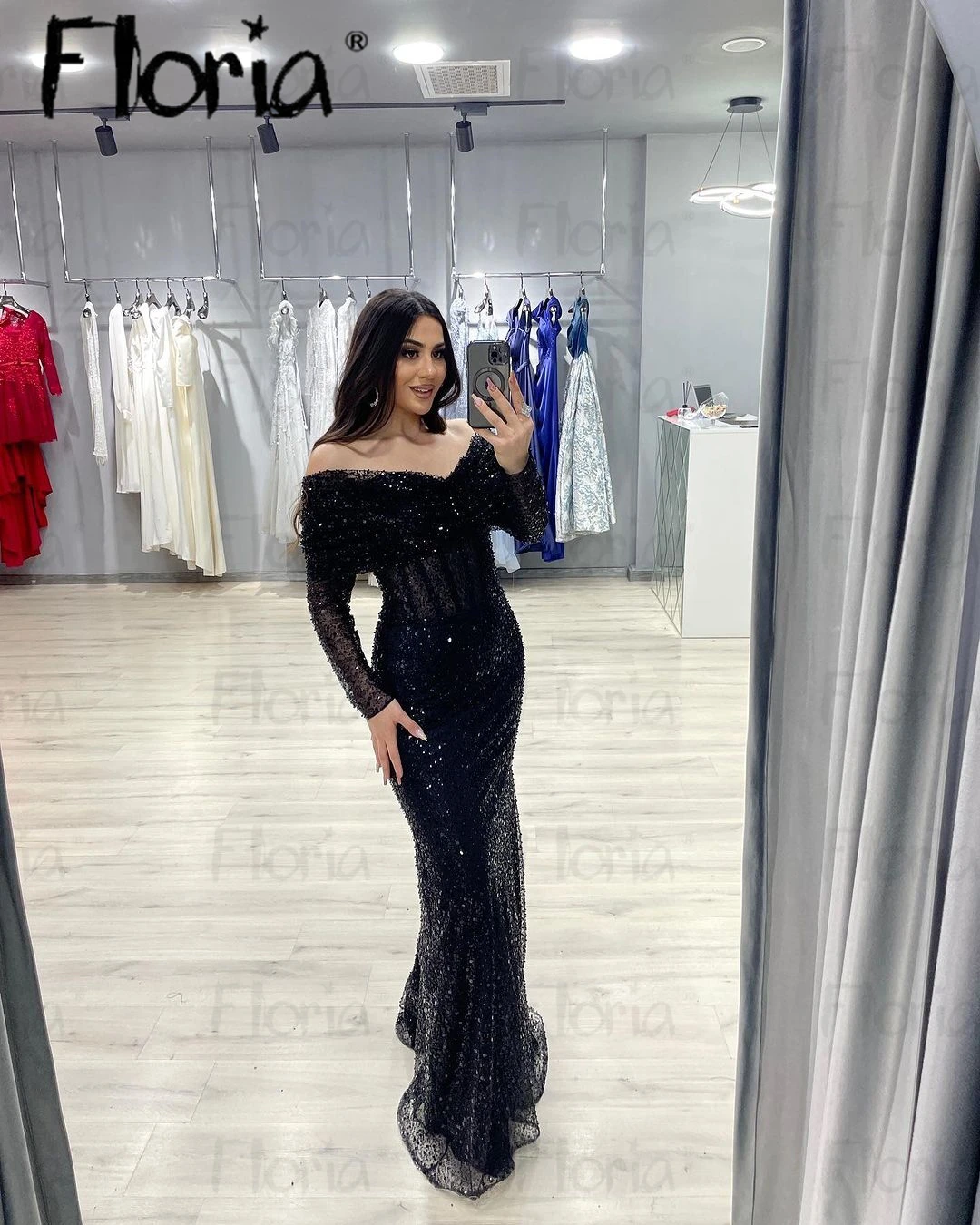 Floria Luxury Sequins Black Dubai Evening Dresses for Women Elegant Boat Neck Off Shoulder Long Sleeve Wedding Party Dress 2024