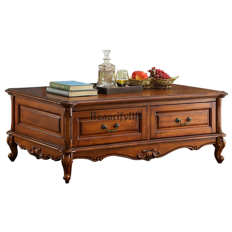 American-Style Solid Wood Living Room Tea Table European-Style Storage Small Apartment Four-Drawer Coffee Table