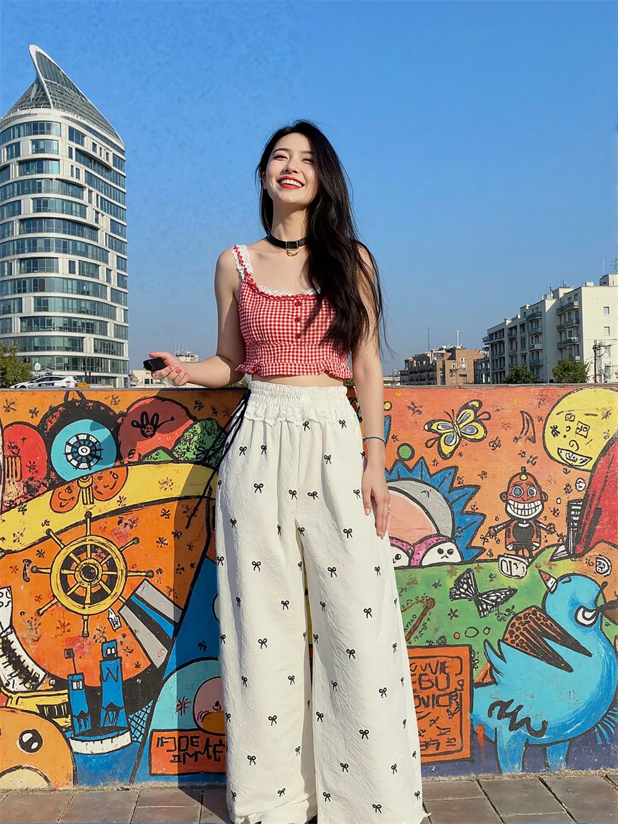 กางเกงขายาวทรงพาลาซโซผู้หญิงแบบผูกเชือก ทรงหลวม สไตล์ฤดูใบไม้ร่วง เอวสูง ทรงเข้ารูป ยืดหยุ่น เซ็กซี่ เหมาะสำหรับงานปาร์ตี้กลางคืน สีดำเงา