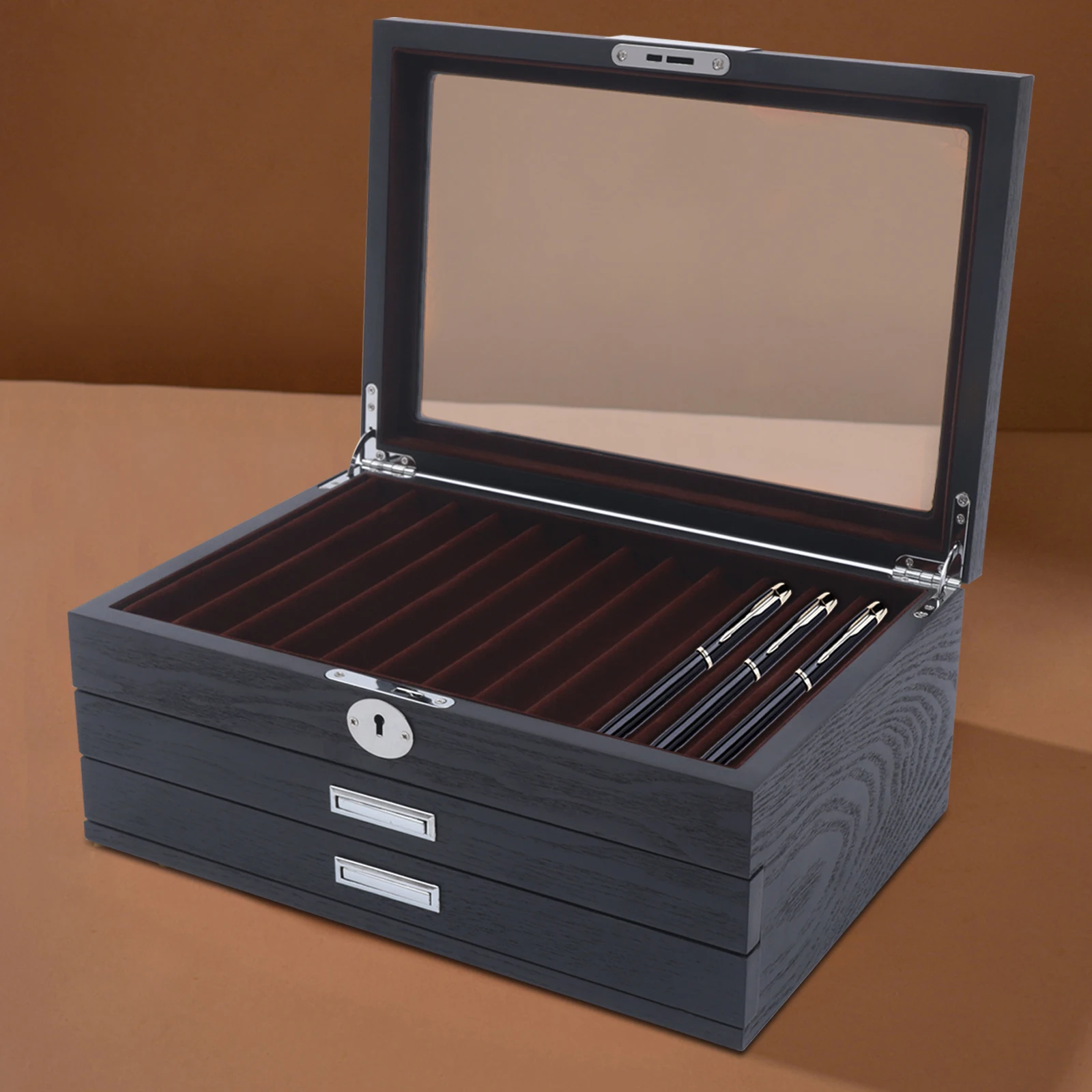 

Black Solid Wood Fountain Pen Storage Case (34 Slots), Scratch-Resistant & Lockable—Clear Skylight, Vintage Style for Home