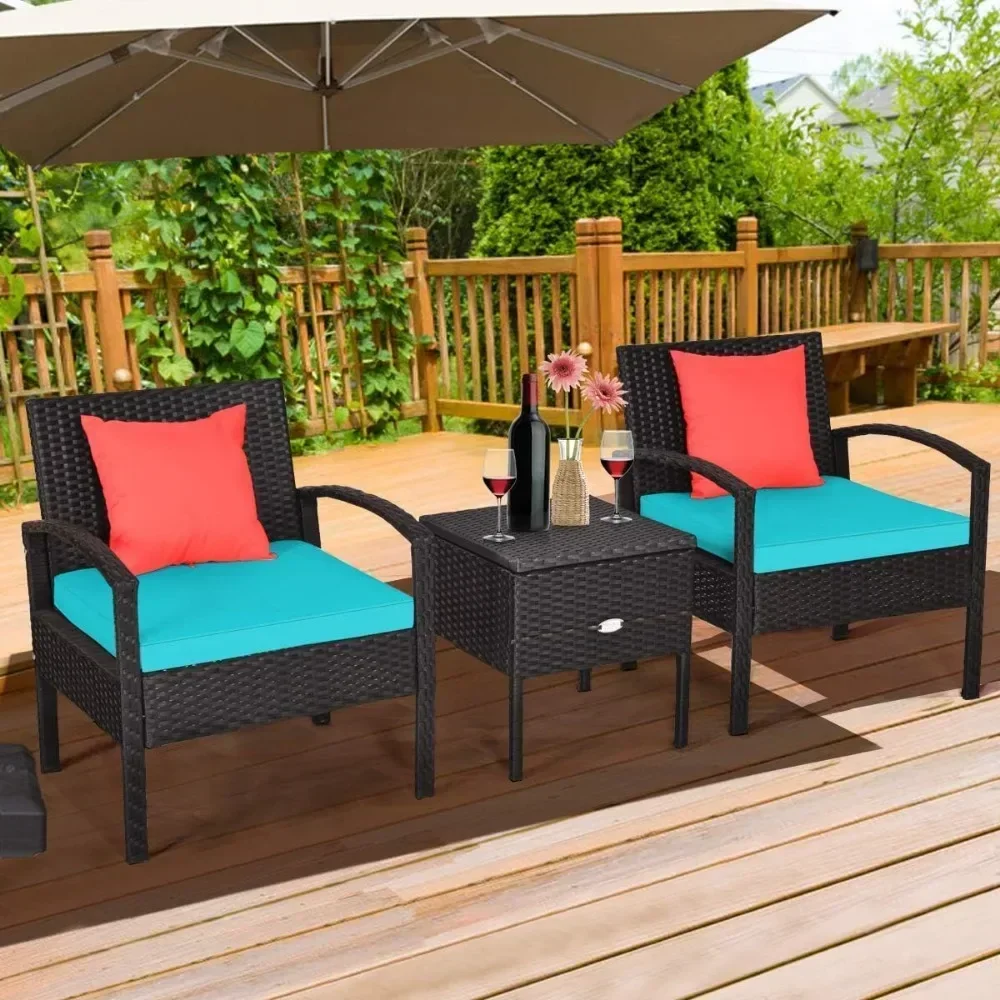 Patio Wicker Conversation Set, Outdoor Rattan Furniture with Washable Thick Cushion & Coffee Table w/Storage Space, Patio Furnit