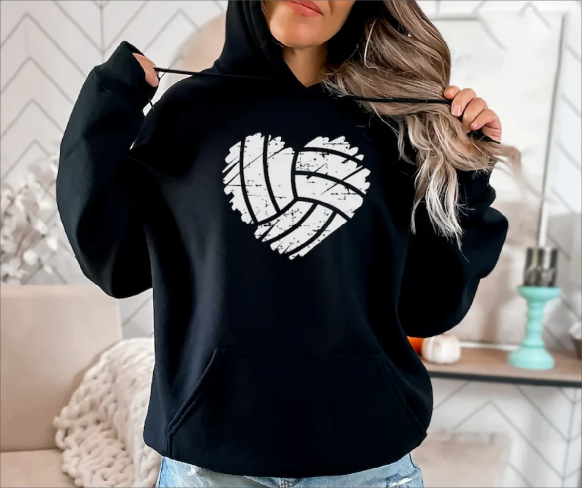 Sudadera de voleibol desgastado con patrón de corazón deportivo, Sudadera con capucha para mamá, día del juego, básico, diseño de moda, traje