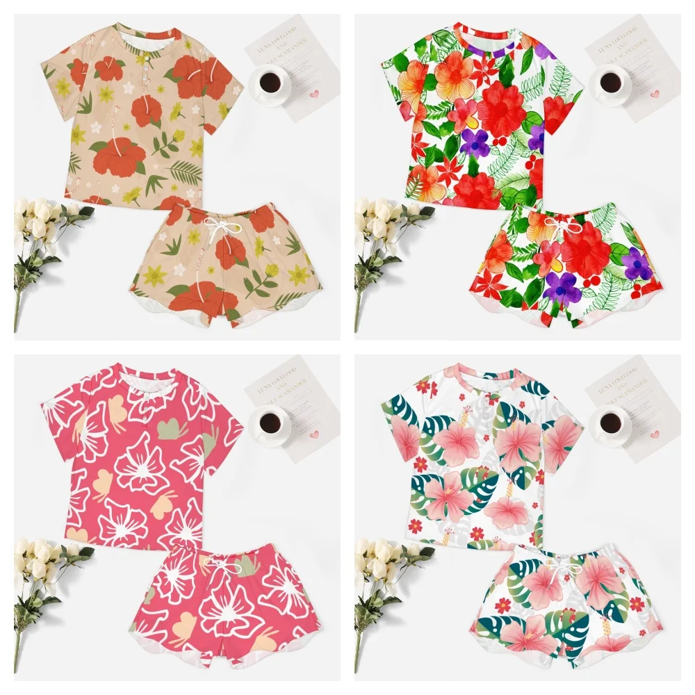 Terno de verão feminino, padrão de flores de hibisco, botão baixo, manga curta, botão, pijamas dianteiros, loungewear, conjunto PJ, 2 peças