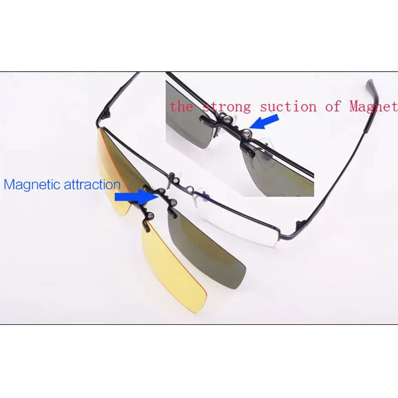 Glasses Frame For Men + 2PCS Magnetic Clip-On Sunglasses UV400 Yellow Polarized Night Vision Goggles Silver Driving Mirror