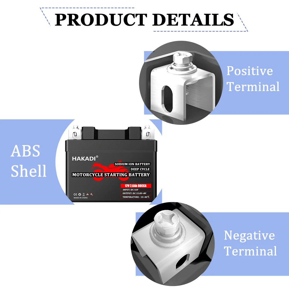 Akumulator sodowo-jonowy HAKADI 12V 2,6Ah do rozrusznika motocyklowego 80CCA z wbudowanym systemem BMS do
