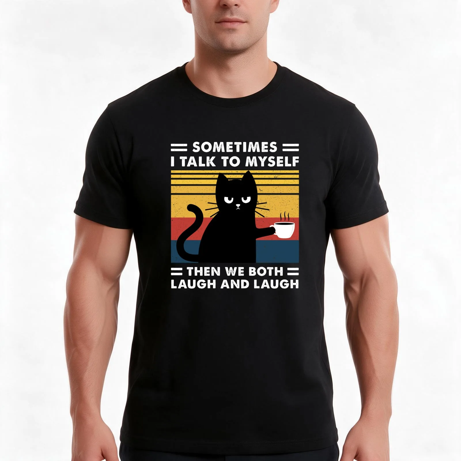 sometimes I talk to myself then we both laugh Black cat T-Shirt, Summer Casual Cotton Tee, Oversized Streetwear Tops