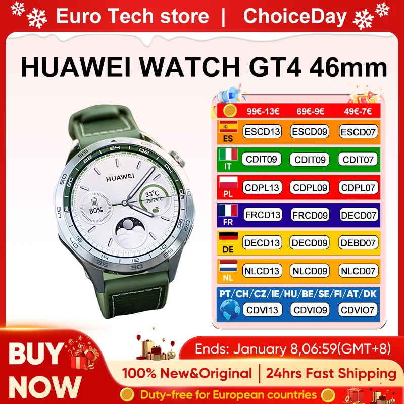 Huawei Watch GT 4 Smartwatch 46 mm iOS et Android, gestion des calories, suivi professionnel de la santé, SpO2, GPS
