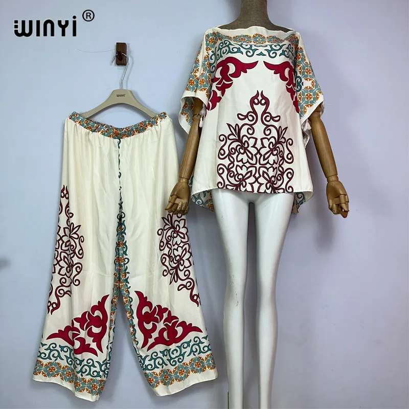 

WINYI Africa two-piece suit Bohemian Printed loose V-neck Batwing Sleeve Dress Women Elastic Silk Floor Length New Fashion Tide