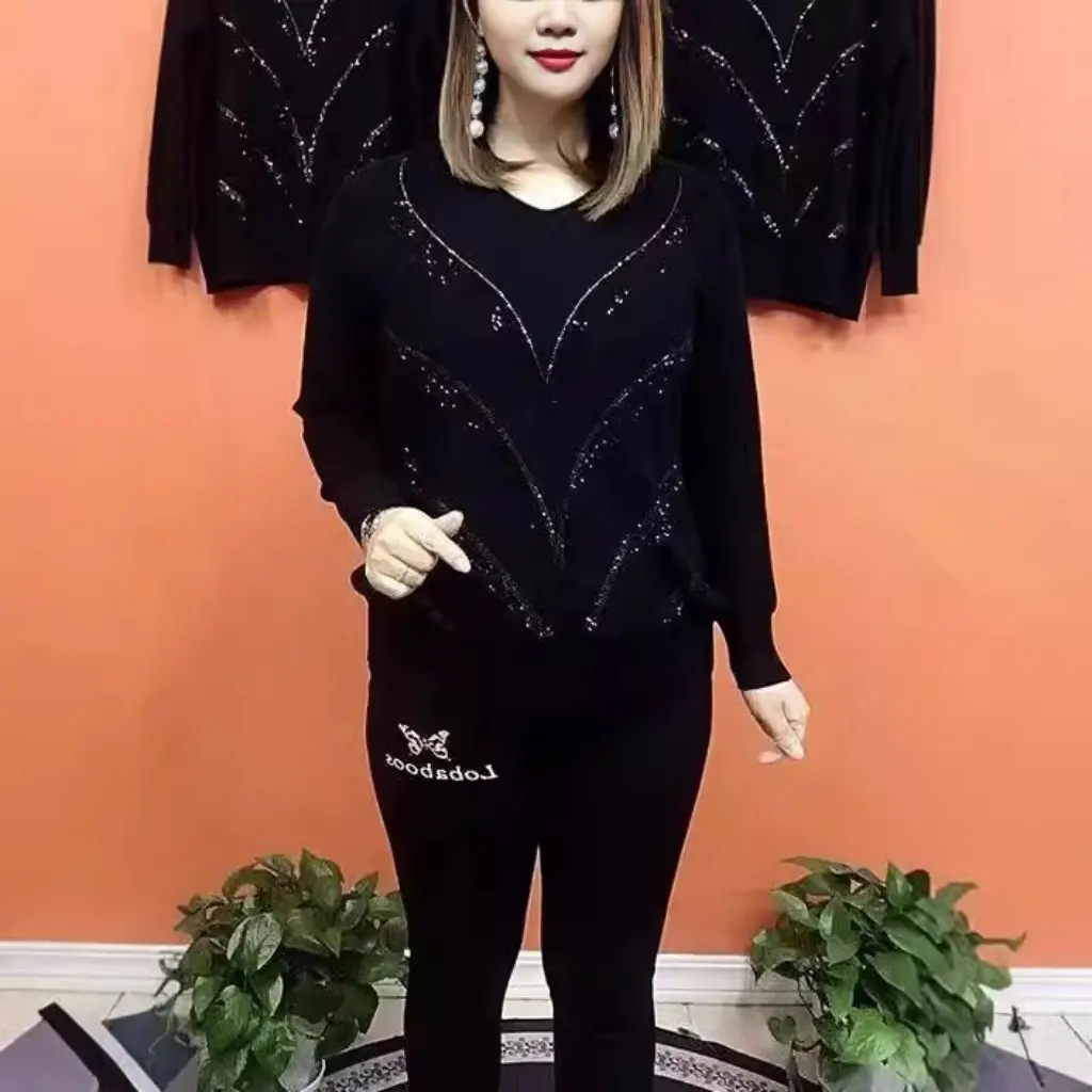 

Spring Autumn Casual Loose Knitted Sweater for Women Stretch Western-Style Large Edition Base Shirt Slim T-Shirt